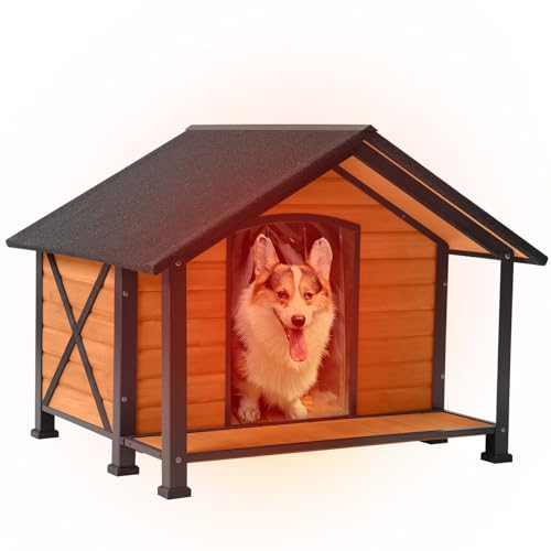 Large Outdoor Dog House Weatherproof Winter Shelter with Chew (40.6"L Brown)