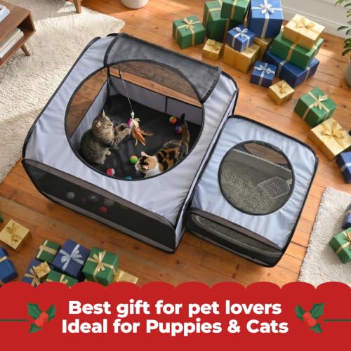 2-in-1 Dog Playpen Portable Cat Playpen, Non-Separable, No Assembly (Gray / Combo, 54"x 31.5"x 27.6"H)