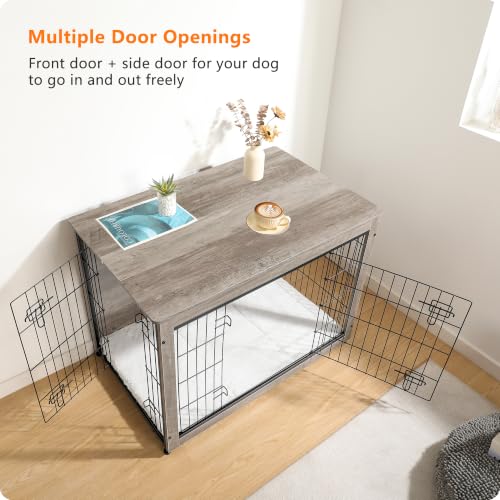 Dog Crate Furniture with Cushion (Greige / 38.5"L x 25.6"W x 26.8"H)