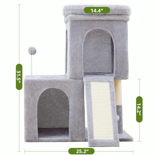32inch Tall Cat Tree with 2 cat condo for Adult Cats Cozy Cat Tower with Scratching Post and Scrather Board for Cats of Different Ages.（Light Grey） (31.5'')