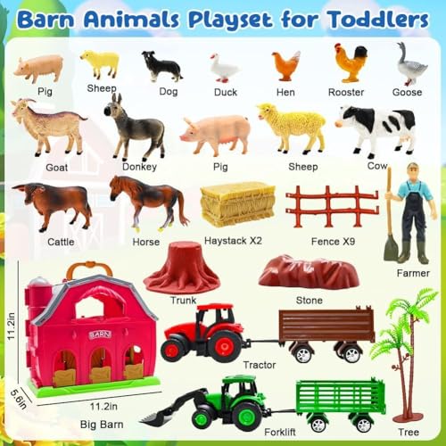 Farm Animals Big Red Barn Toy with Tractors Fence for Toddlers 1 (Farm Barn Playset)