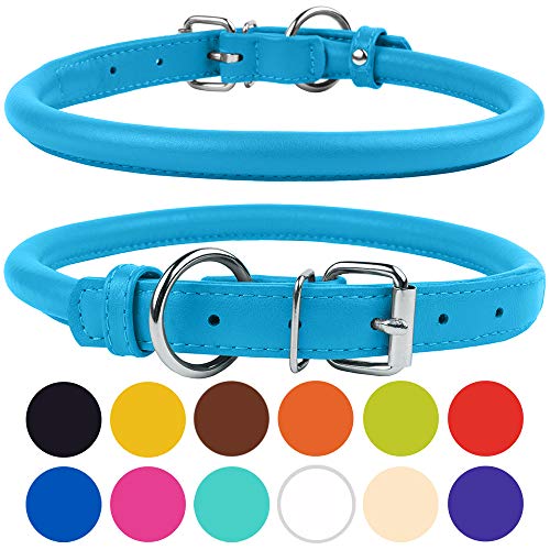 Tangle Free Rolled Leather Dog Collar (Light Blue / L)