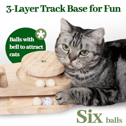 Cat Scratching Post Cat Scratcher Interactive Toy with Dangling Ball for Indoor Kitten 2 Layer Base Wooden Ball Track 17.7" Tall Modern Sisal Scratch Pole (18 in Ball Track)