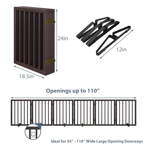 Dog Gates for the House Doorways Extra Wide 110 Inches Wood Freestanding Pet Gates for Dogs Indoor Fence with Support Stands (Espresso / 6 Panel - 110 inches Wide)
