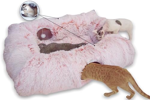 4 Cave Plush XL Cat Tunnel Bed Indoor Cats Peekaboo Toy Mat Pink (Pinkish White)