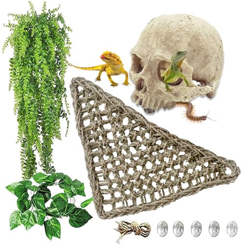 Reptile Habitat Skull Decoration Bearded Dragon Tank Accessories Resin Human Skulls Hide Cave Hanging Vines Plant for Lizards Tortoise Snake Chameleon Spider Reptiles Amphibians