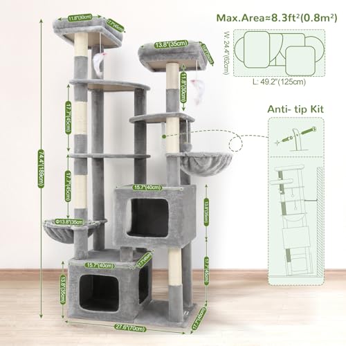 S74E Pro Heavy Duty Maine Coon Cat Tree for Large Cats (Light Grey / 74 inch)
