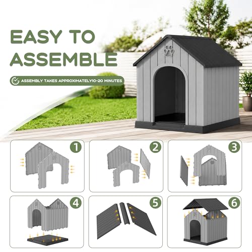 Large Dog House for Outdoor Indoor Use Stable Plastic Waterproof Doghouse with Air Vents and Elevated Floor Easy to Clean and Assemble for Medium to Large Dogs (Black / 36''L×38''W×38''H)