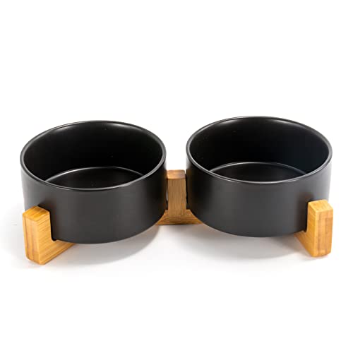 Ceramic Dog and Cat Bowl Set with Wooden Stand (3.6 cups / Black × 2)