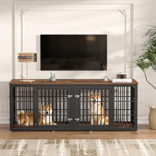 72" Heavy Duty Double Dog Crate Furniture for Large (Black + Rustic Brown / 72.8"L x 25.6"W x 27.5"H)