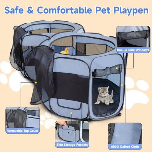 Small Animals Playpen Pop up Small Pet Cage Enclosure Tent Chick Run Brooder Coop Foldable Kennel for Kitten Ferret Puppy Guinea Pig Rabbit Hamster Chinchillas (Gray)