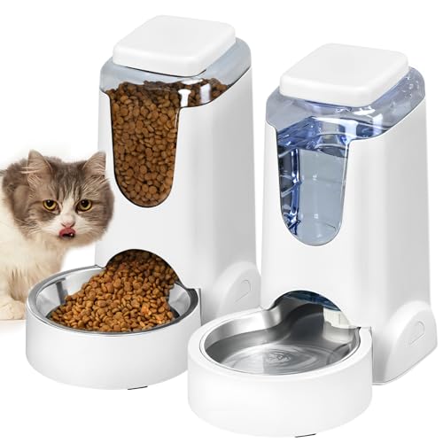 Automatic Cat Feeder and Water Dispenser with Stainless Steel Bowl Dog Gravity Food Feeder and Waterer for Small Medium Pets Puppy Kitten 1 Gallon x 2 (White)