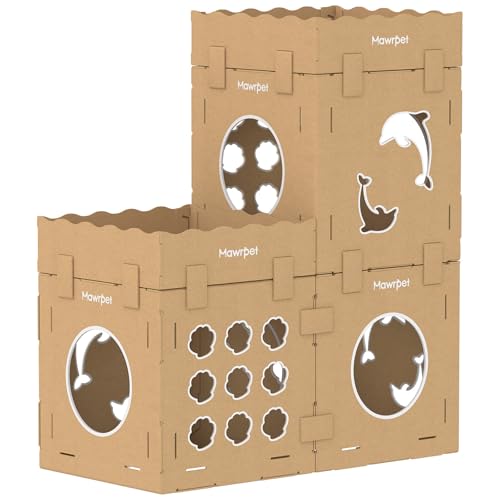 DIY Cat House with Scratcher Cardboard (Kraft Brown / 3 Boxes + 2 Roofs + 4 Scratchers)