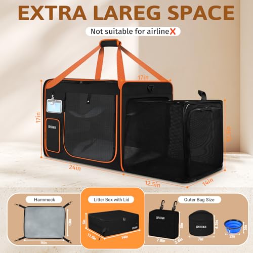 Side Expandable Extra Large Cat Carrier with Litter Box and Wheels (Black with Wheels)