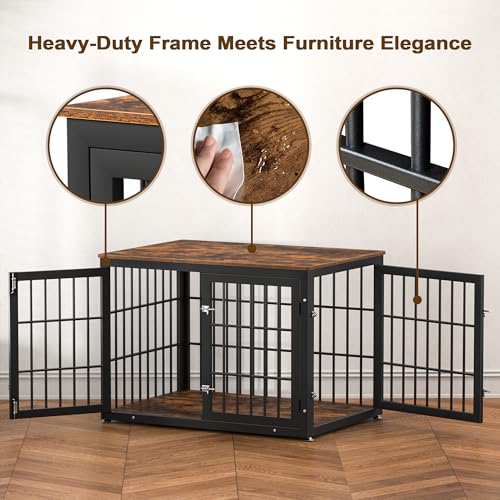 42" Heavy Duty Dog Crate Furniture for Large and Medium Dogs (Black + Rustic Brown / 42.1"L x 29.9"W x 30.4"H)