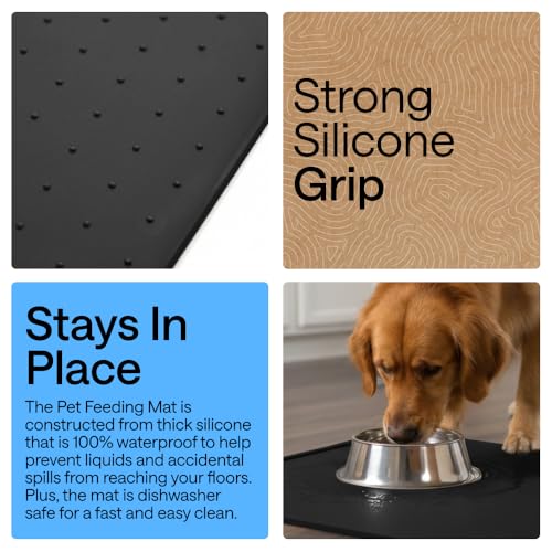 Dog Food Mat 100% Waterproof Silicone (Black / 32"l X 24"w)