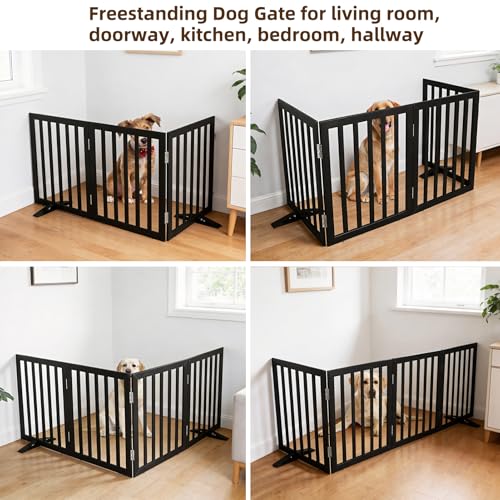 Freestanding Indoor Dog Gate for House Foldable Wood Puppy Gate for Doorways Pet Gate for Stairs Extra Wide Pet Fence (Black / 【3 Panels】60''w x 32''h)