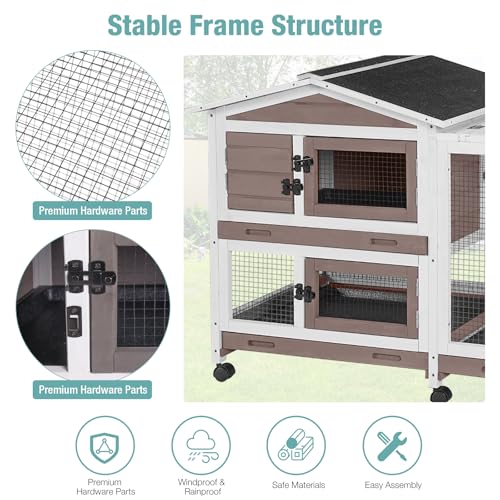 Rabbit Cage Indoor Rabbit Hutch with Matel Frame and Pull Out Tray (Light Brown)