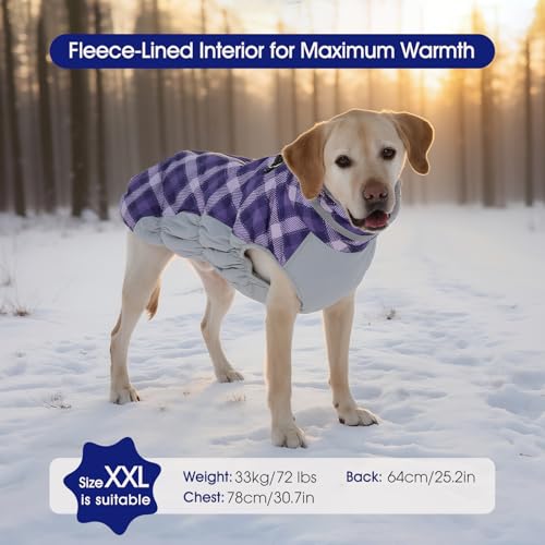 Dog Cold Weather Coats Reflective Dog Warm Jacket with Harness (Purple Plaid / M(chest:21in))