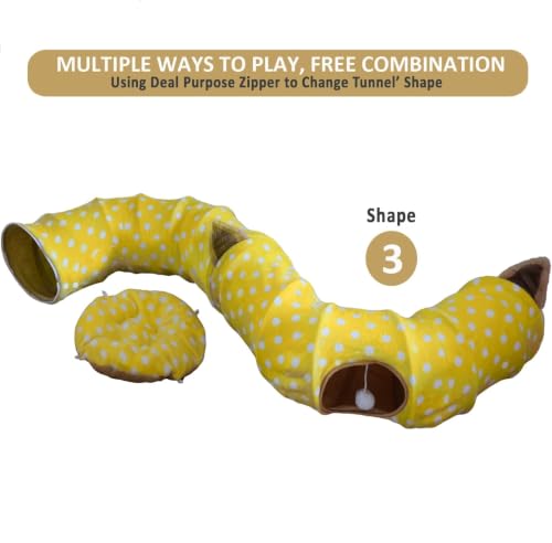 Cat Donut Tunnel with Bed for Kitten Puppy Rabbit Ferret (Yellow)