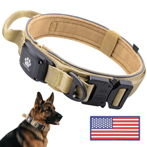 Tactical Dog Collar with IPX8 Waterproof AirTag Holder (Khaki / M(15"-18.5"))