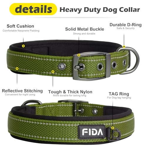Padded Dog Collar for Small Dogs with Metal Belt Buckle (Small(11”-14.5“) / Military Green)