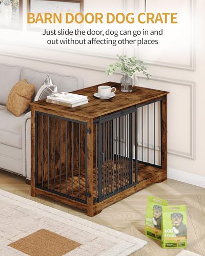 43.3" XL Dog Crate Furniture Indoor Dog Kennel with Barn Door (Rustic Brown / 43.3"L x 27.5"W x 31.8"H)