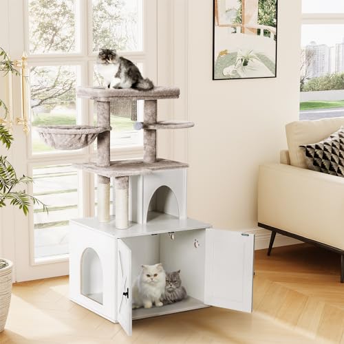 Cat Litter Box Enclosure with Cat Tree Tower and Condo (White)