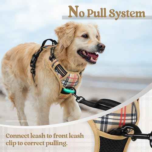 Dog Harness No Pull for Large Dogs with 2 Leash Clips (X-Large / Beige Plaid)