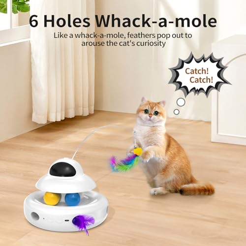 Cat Toys，4-in-1 Interactive Cat Toy for Indoor Cats with Laser, Fluttering Butterfly, Moving Feather and Track Balls - USB Rechargeable Self-Play Kitten Toy (White)
