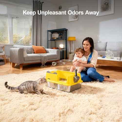 XL Stainless Steel Cat Litter Box for All Cats with High Sides and Scoop (Yellow / X-Large)