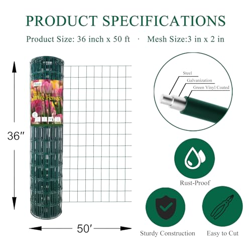 Green PVC Coated Welded Wire Fence 36" x 50' Roll (Green / 2''x3'' 16GA 36''x50')