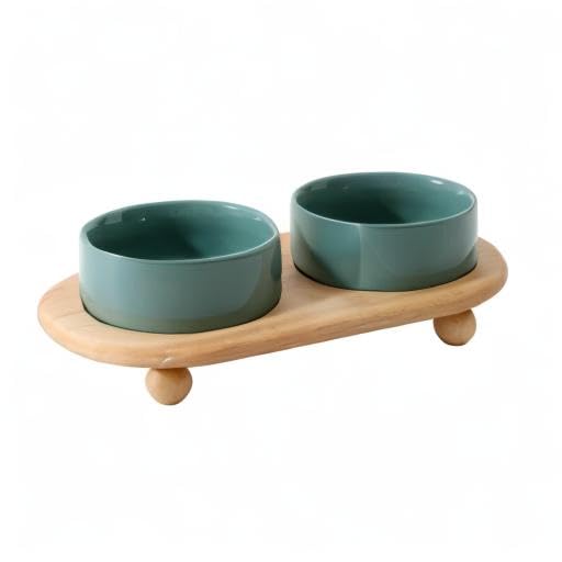 Raised Cat Bowl 5.1” Elevated Ceramic Cat Food and Water Bowl Set (Dark Green)