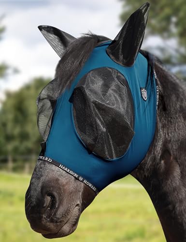 Horse Fly Mask with Forelock Opening Stretch Breathable and Comfortable for Horses UV (Peacock Blue / M)