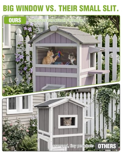 Outdoor Cat House Weatherproof Feral Cat Shelter with Escape Doors (Grey / Gable Roof - 26.8"W)
