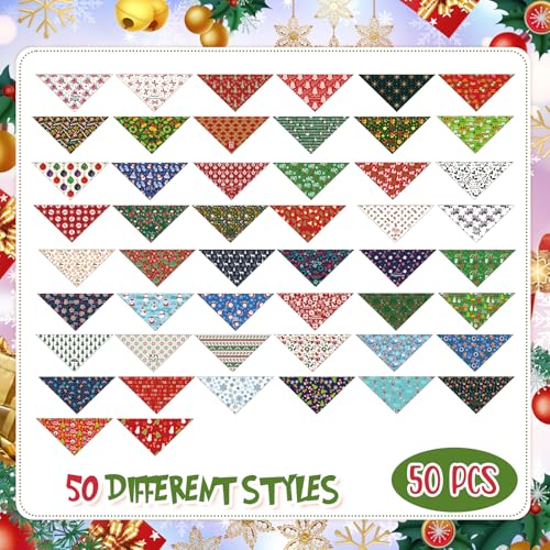50 Pcs Christmas Dog Bandanas Bulk Pet Scarfs Triangle Bibs Adjustable Washable Puppy Kerchief Seasonal Pet Costume Accessories Grooming Supplies for Small Medium Large Dogs Cats (Christmas)