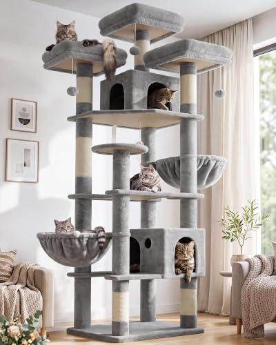 Cat Tree Tower for Multiple Adult Cats (82 inch / Light Grey)