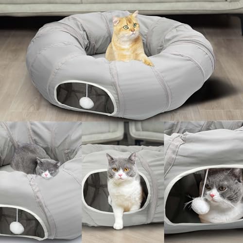 Cat Tunnel with Bed for Kitten Puppy Rabbit Ferret (Light Grey)