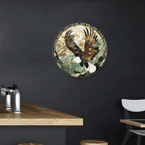 Metal Sign Tin Sign Circular Stained Glass American Bald Eagle Inspirational Wall Art for Club 8×8 Inches (8×8 Inches / American Bald Eagle-1)