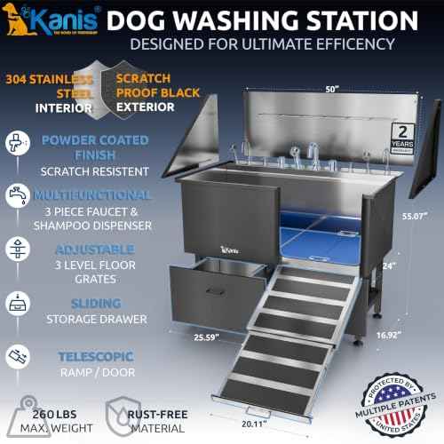 Professional Dog Washing Station 304 Stainless Steel Pet Wash Sink (Black, Right Ramp, 2 Drawer / 50 Inches)