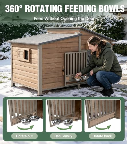 Extra Large Heated Dog House Outdoor with Iron Frame & Rotating Bowls Beige