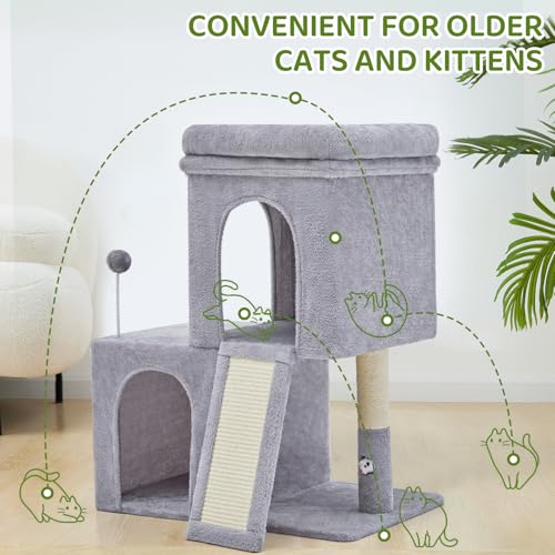 32inch Tall Cat Tree with 2 cat condo for Adult Cats Cozy Cat Tower with Scratching Post and Scrather Board for Cats of Different Ages.（Light Grey） (31.5'')