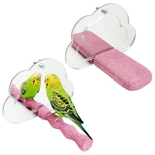 2 PCS Bird Perch with Mirror Resin Parakeet Perches Hanging Parrot Toys Interactive Bird Cage Accessories for Cockatiel Conure Lovebird Finch
