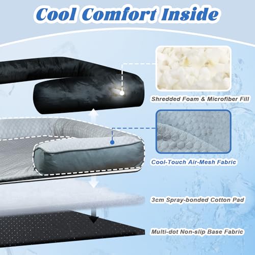 Cooling Dog Bed Mat with Bolster Pillow Washable Dog Couch Cover Breathable Summer Pet Couch Bed Protector Indoor (Cooling Grey / 45.0"L x 37.0"W x 6.0"Th)