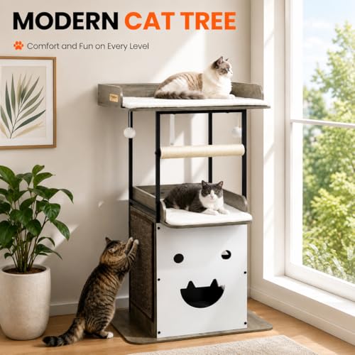 48in Wood Modern Cat Tree for Large Indoor Cats with Big Perch Bed (Greige3 / 48 Inches)