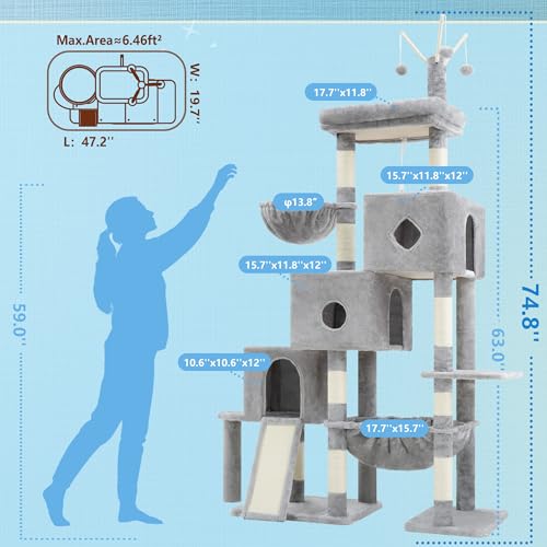 Cat Tree Tower with 3 Condos (74.8 inches / Light Gray)