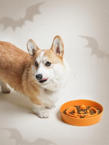 Ceramic Slow Feeder Dog Bowls Small Breed (Pumpkin Orange / S-0.6 Cups)