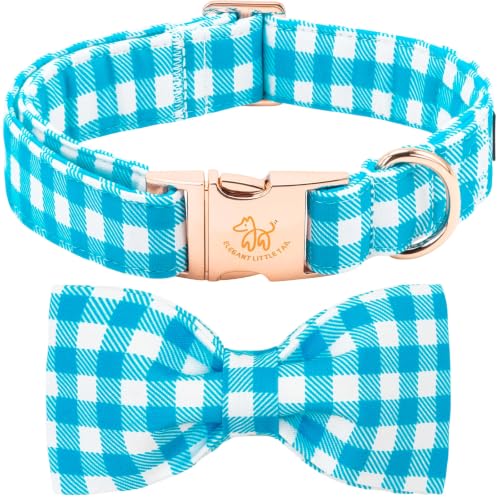 Dog Collar Boy Blue Gingham Plaid Dog Collar with Bow (Blue Gingham Plaid / X-Large (Pack of 1))
