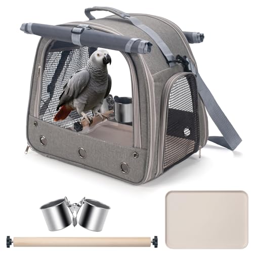 Bird Carrier Parrot Travel Cage with Perch (Gray)