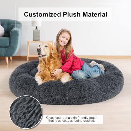 Calming Dog Beds XXLarge Sized Dog Donut Washable Bed 49inchs (Dark Grey / 49.0"L x 38.0"W x 7.0"Th)